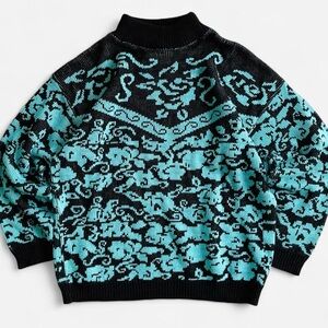 Vintage Adele Knitwear Aqua & Black Knit Mockneck Abstract Floral Sweater